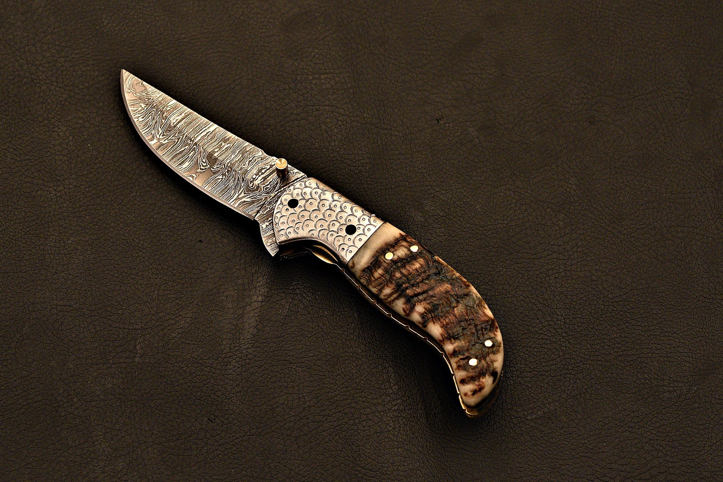 Handmade Damascus Steel Folding knife With Leather Sheath
