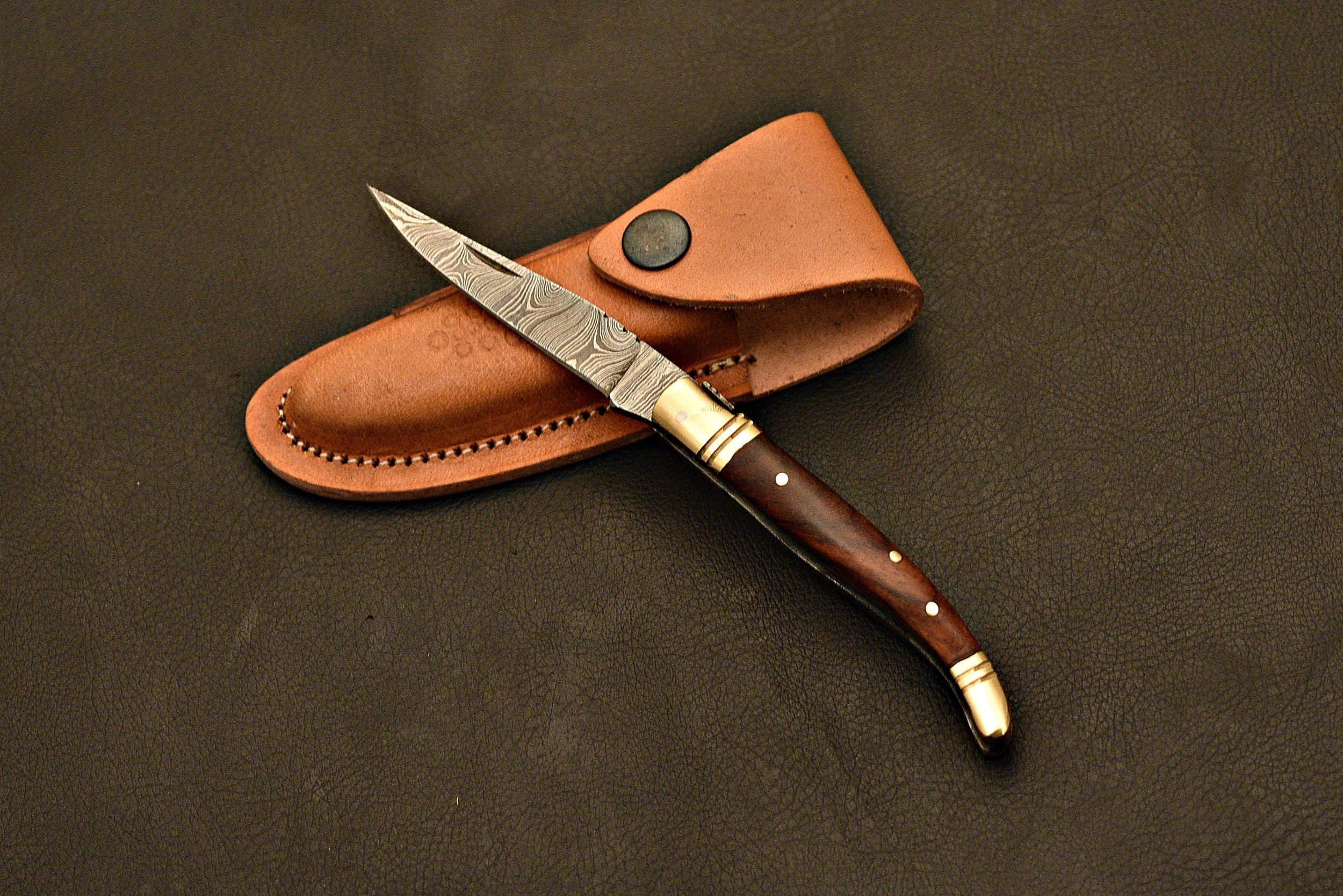 Handmade Damascus Steel Laguiole Folding Knife / Groomsman Gift / With Rose Wood