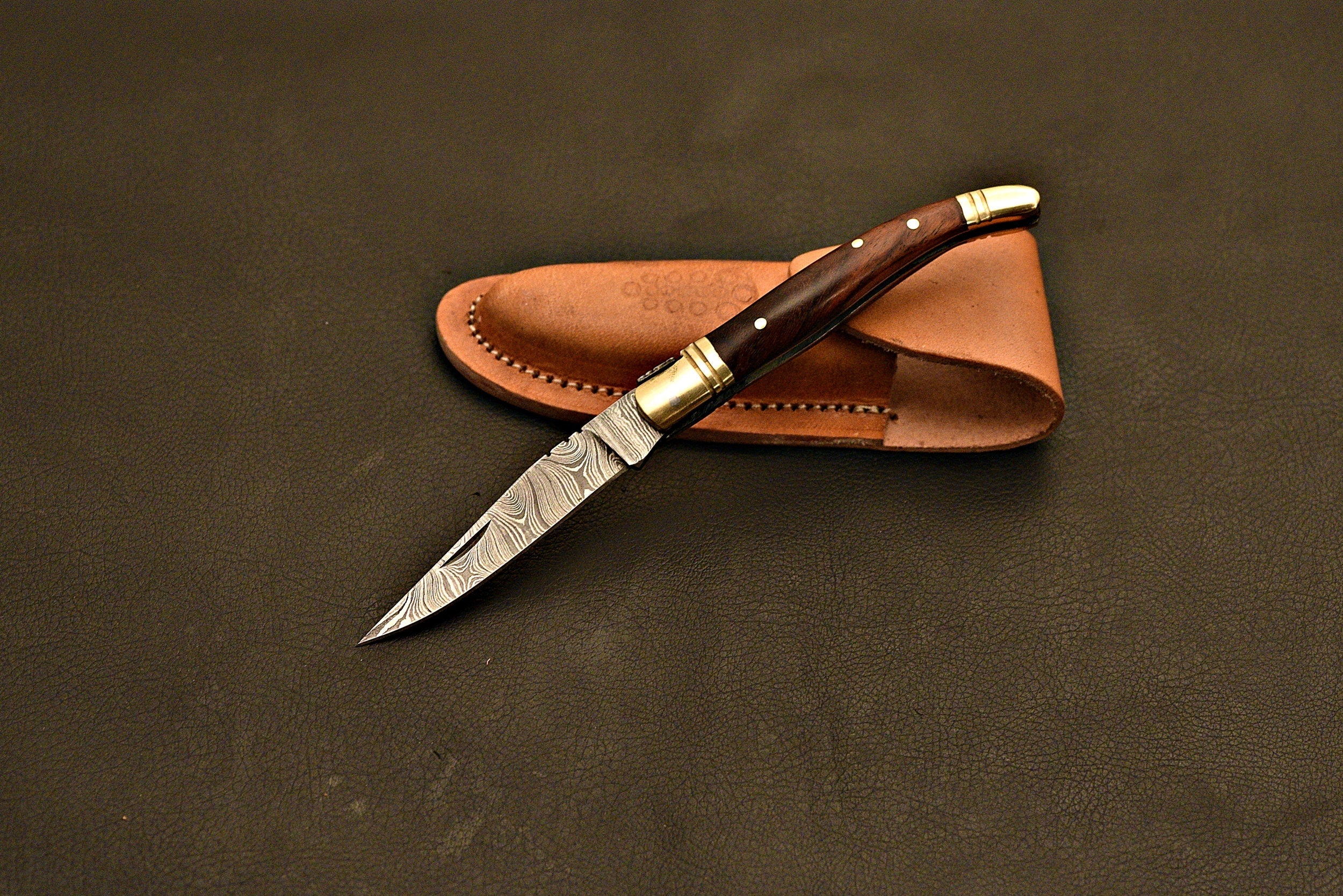 Handmade Damascus Steel Laguiole Folding Knife / Groomsman Gift / With Rose Wood