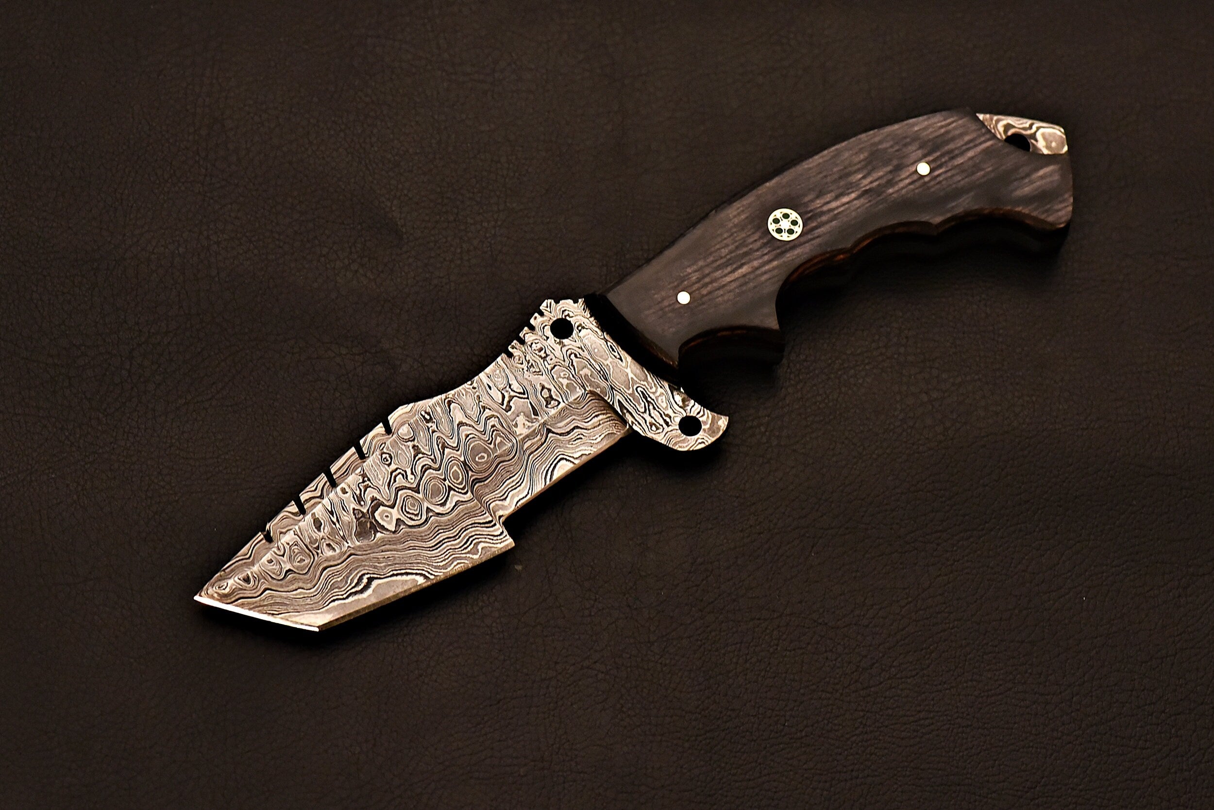 Handmade Damascus Steel Tracker Knife With Gray Wood Handle