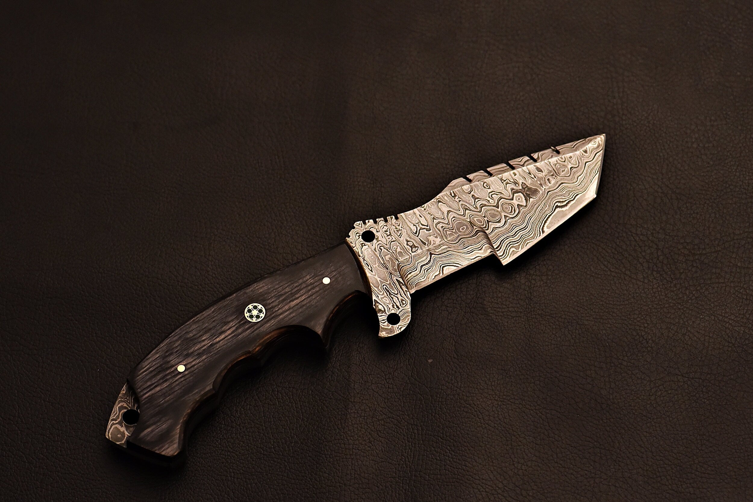 Handmade Damascus Steel Tracker Knife With Gray Wood Handle