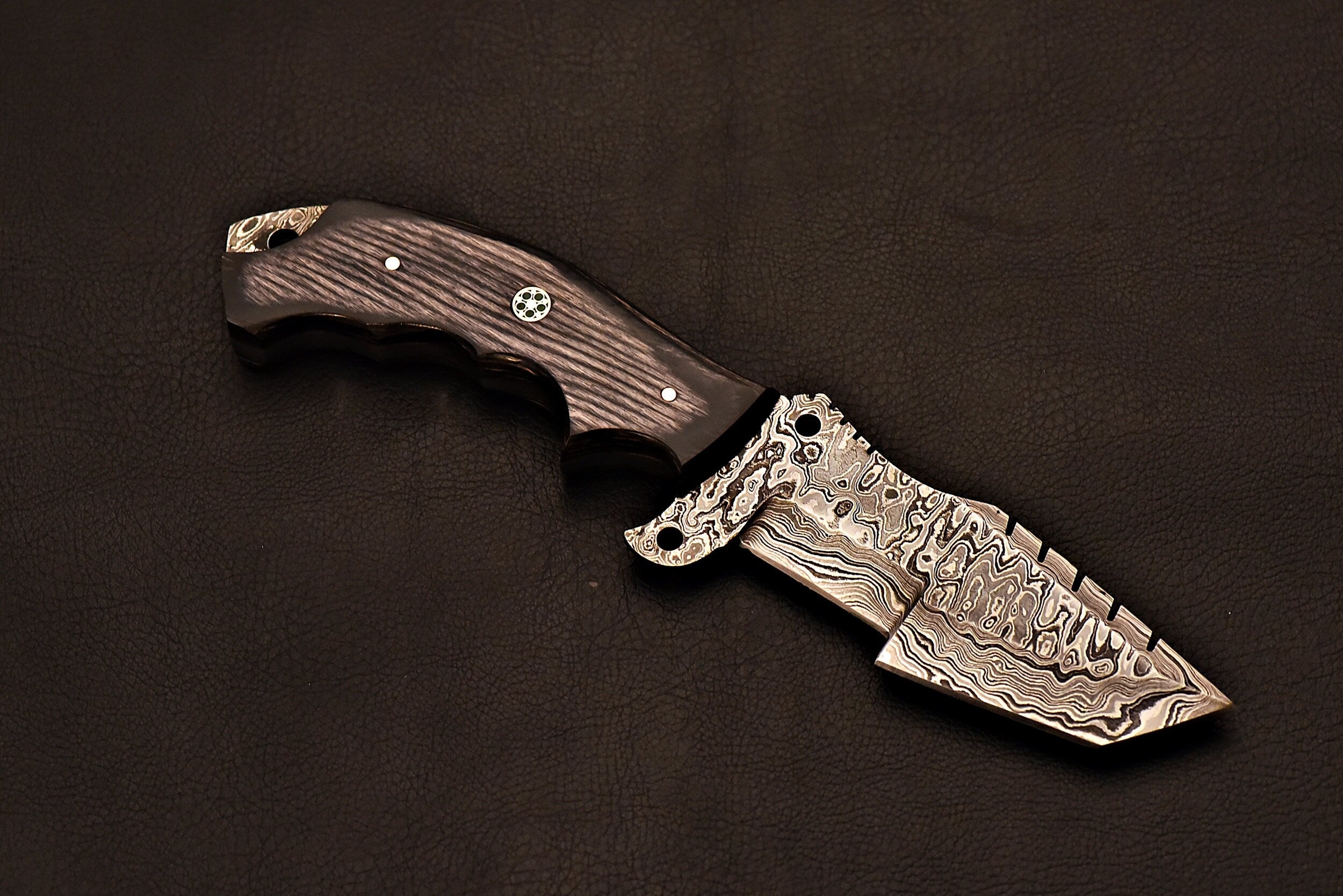 Handmade Damascus Steel Tracker Knife With Gray Wood Handle
