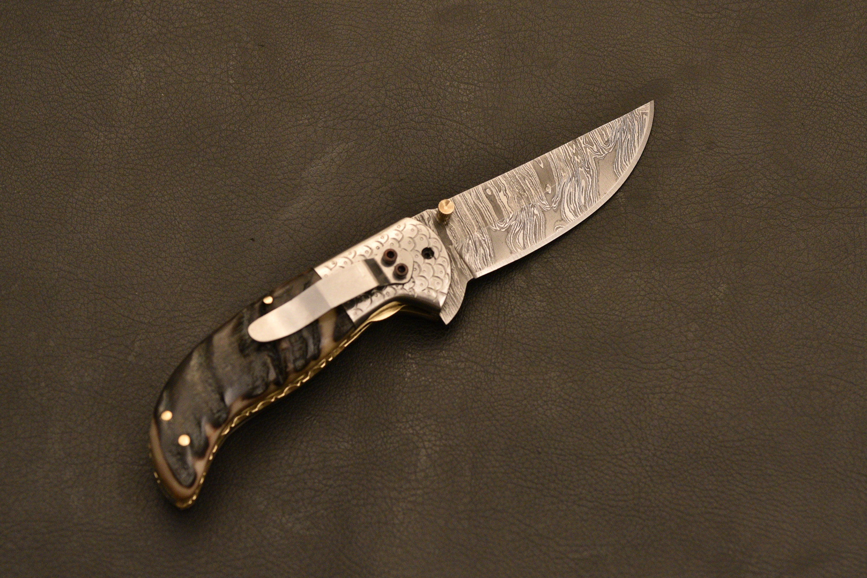 Handmade Damascus Steel Folding knife With Leather Sheath