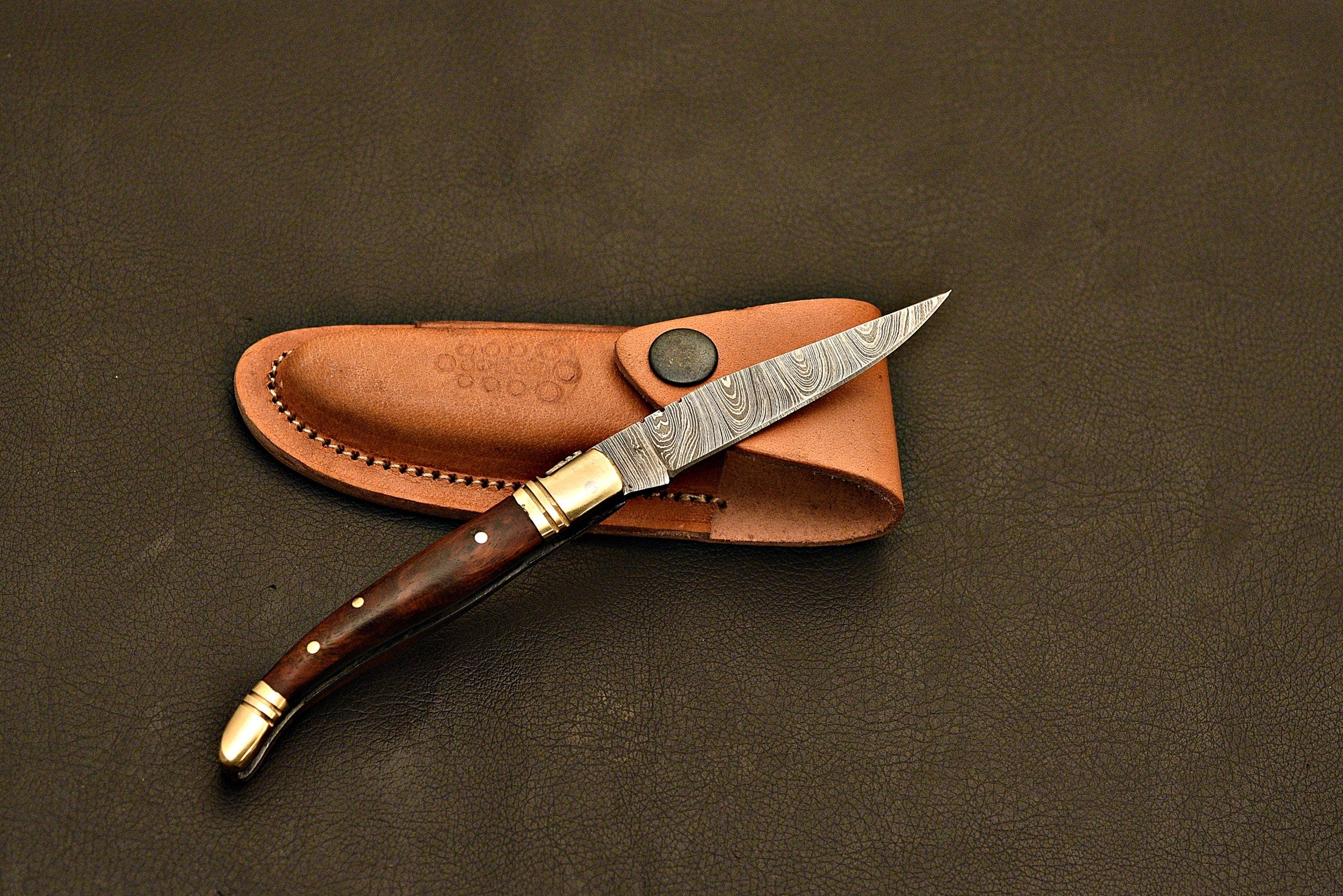 Handmade Damascus Steel Laguiole Folding Knife / Groomsman Gift / With Rose Wood