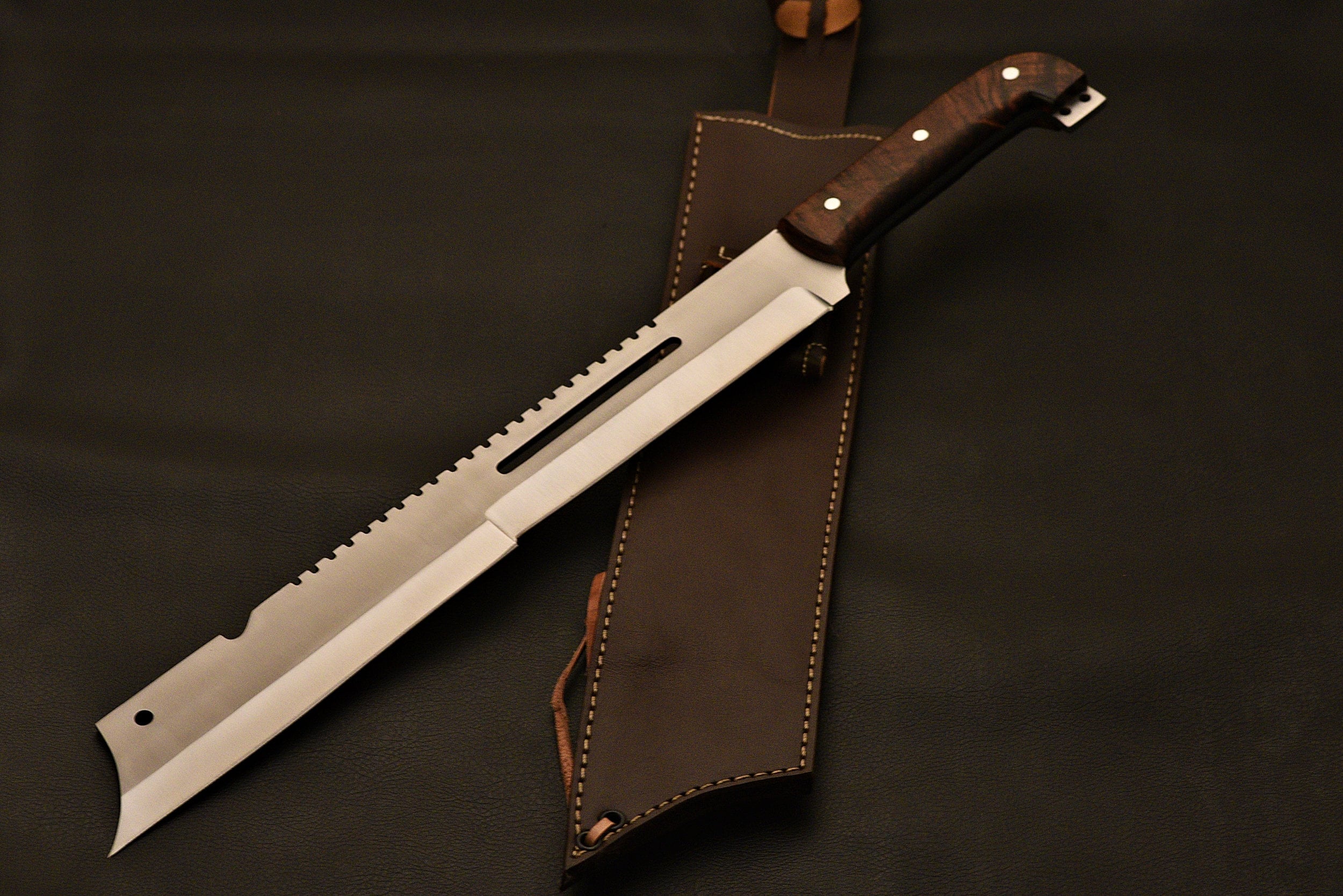 20'' Survivor Carbon Steel 1095 Fixed Blade W/Rose Wood Handle with Leather sheath